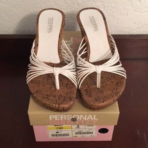 White Sandals with faux wood heel
